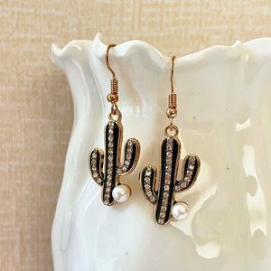 Green Enamel & Goldtone Cactus Earrings, CZ & Faux Pearl Details, Bling,…